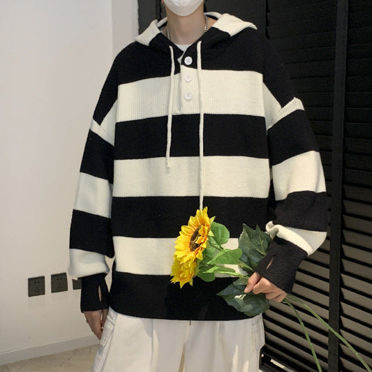 sanyamk skater boy outfits Retro Striped Sweater Sweater Men's Autumn and Winter Japanese Loose Ins Trendy Sports Hooded Sweater Coat