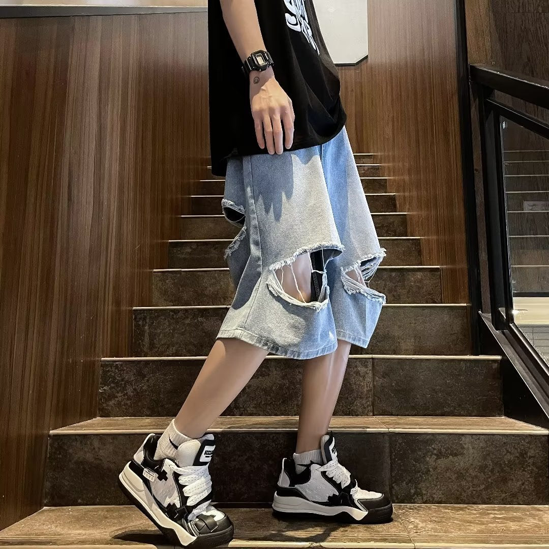 sanyamk skater boy outfits Summer Fashion Brand Thin Knee Ripped Jeans Men's American-Style Loose Straight Wide-Leg Pants Trendy Shorts