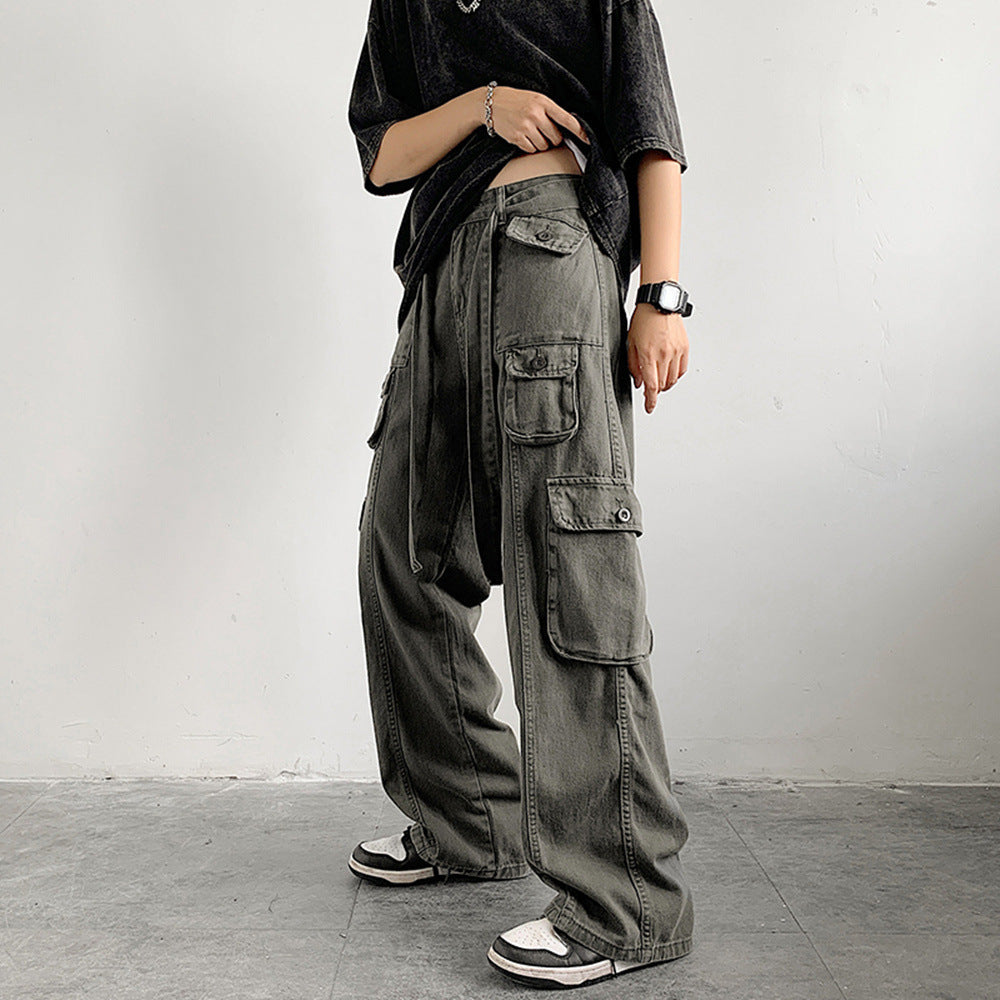 Bonsir fall outfit men American Hip Hop Straight Overalls Summer Boys High Street Multi-Pocket Wide Leg Mopping Pants Fashion Ins