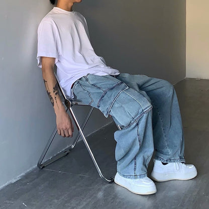 sanyamk 90s fashion men INS Japanese Style Street Retro Draping Loose Wide Leg Casual Large Pocket Workwear Denim Washed Dad Pants Men and Women