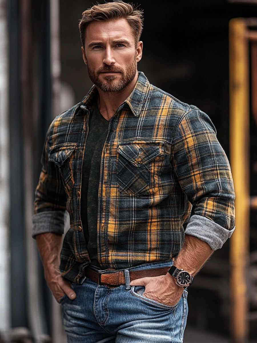 sanyamk winter outfits men 2024 Autumn and Winter Men's New Shirt Men's Plaid Printed Fleece-lined Men's Pocket Shirt