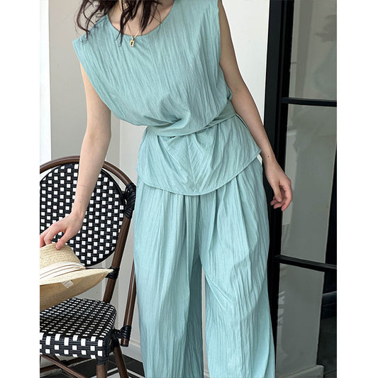 2025 popular summer new high-end straps sleeveless vest top  wide-leg pants two-piece set 66616
