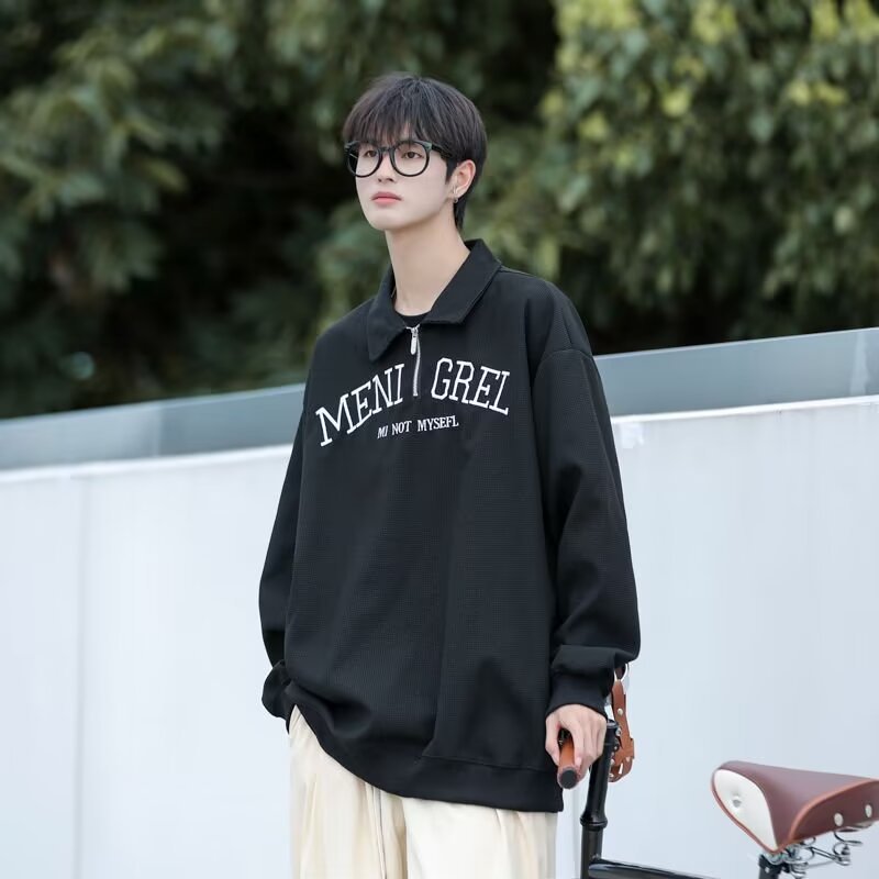 sanyamk fall outfits 2024 Waffle Embroidered Sweater Men's Spring and Autumn Fashion Brand Loose Pullover Oversize American Casual Bottoming Shirt