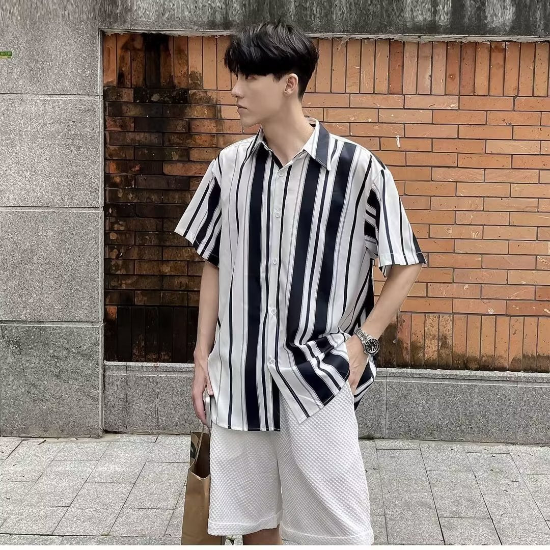 sanyamk 90s fashion men Prohibited Ice Silk Draping Striped Short Sleeve Shirt Men's Ins Hong Kong Style Summer Half Sleeve Casual Shirt Fashion