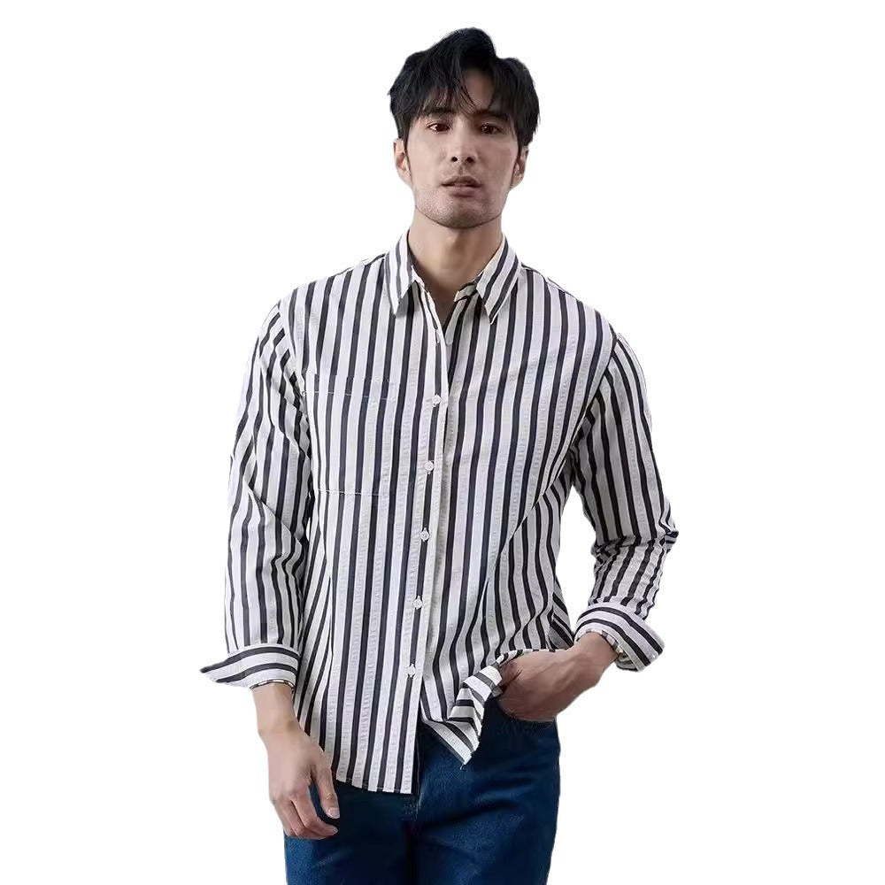 sanyamk old money outfits men Spring and Autumn Striped Long-Sleeved Shirt Trendy Men's Handsome Artistic Casual Shirt Japanese Casual Elegant Shirt Thin