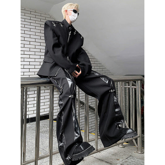 Bonsir guy costumes New Style Metal Stitching Deconstruction Suit Pants Draping High-End Hip Hop Pants Men's High Street American Casual Straight Pants Men