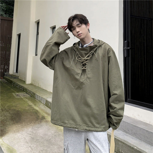 sanyamk 90s fashion Workwear Sweater Men's Japanese Ins Spring and Autumn Hooded Top Loose Pullover Casual Jacket