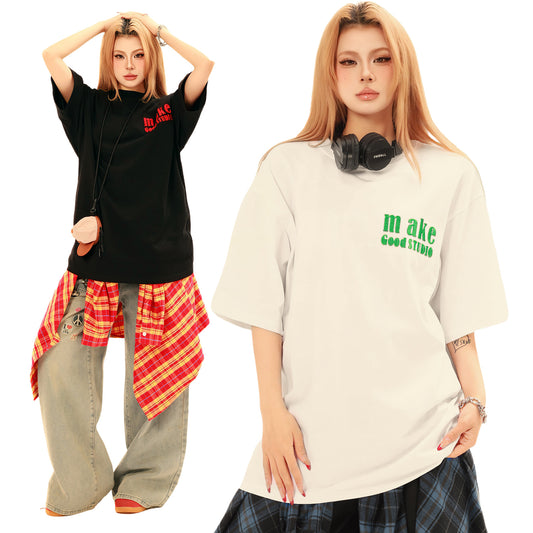 2025 3627 2025n street neutral retro letter pattern design men's loose high-end heavy short-sleeved T-shirt