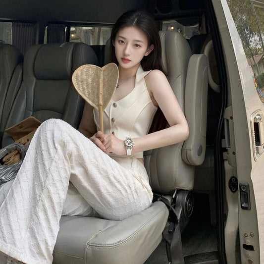 summer new design sense Sugar jeans women's white high-waisted casual wide-leg trousers L4084