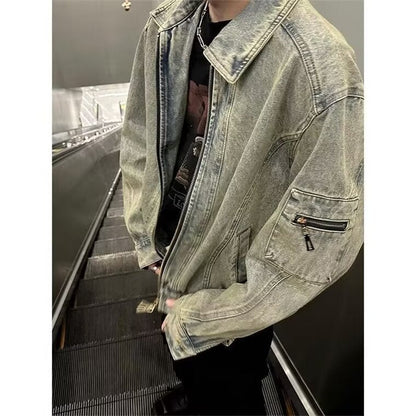 sanyamk 90s streetwear High Street Retro Washed Distressed Denim Coat Men's Spring and Autumn New Style Fried Street Loose Casual Workwear Jacket Fashion