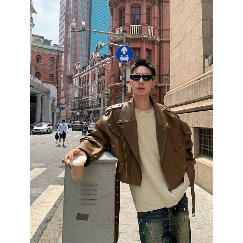 sanyamk starboy outfit Maillard Style Heavy Industry Rivet Motorcycle Leather Coat Men's Design Sense Ruan Handsome Jacket Autumn New Short Coat Men