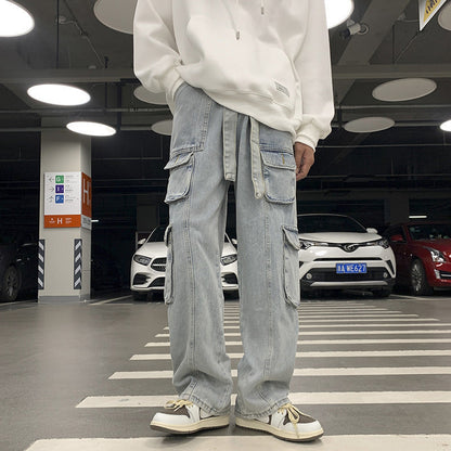 sanyamk 90s fashion men Multi-Pocket Workwear Jeans Men's Autumn and Winter Ins Street Hip Hop Casual All-Match Wide-Leg Mopping Trousers