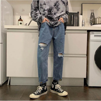 sanyamk 90s fashion men 2024 Black Ripped Jeans Men's Summer Thin Korean Style Trendy Cropped Pants Hong Kong Style Ruffle Handsome Retro Pants