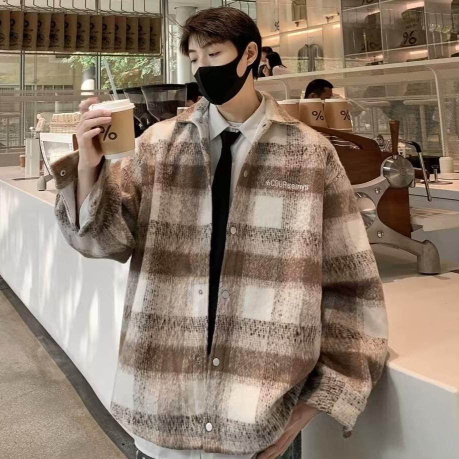 sanyamk mens outfits 2024 Autumn and Winter New American Retro Contrast Color Plaid Cardigan Coat Men's Lazy Casual Loose Woolen Top