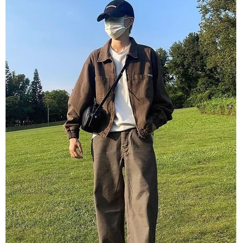 sanyamk classy outfits men Maillard Jeans Men's American Retro Brown Pants Men's Loose Straight Logging Overalls Long Pants