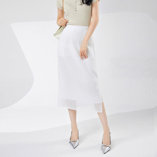 White skirt women's spring and summer new mesh double-layer breathable advanced sense split temperament pleated one-step hip-wrap skirt