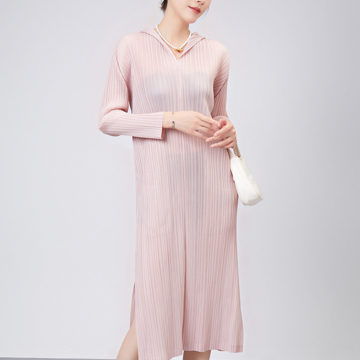 Pleated Skirt Dress Women's Summer Temperament Casual Hooded Long Sleeve Loose Large Size Split Fork Premium Medium and Long Skirt