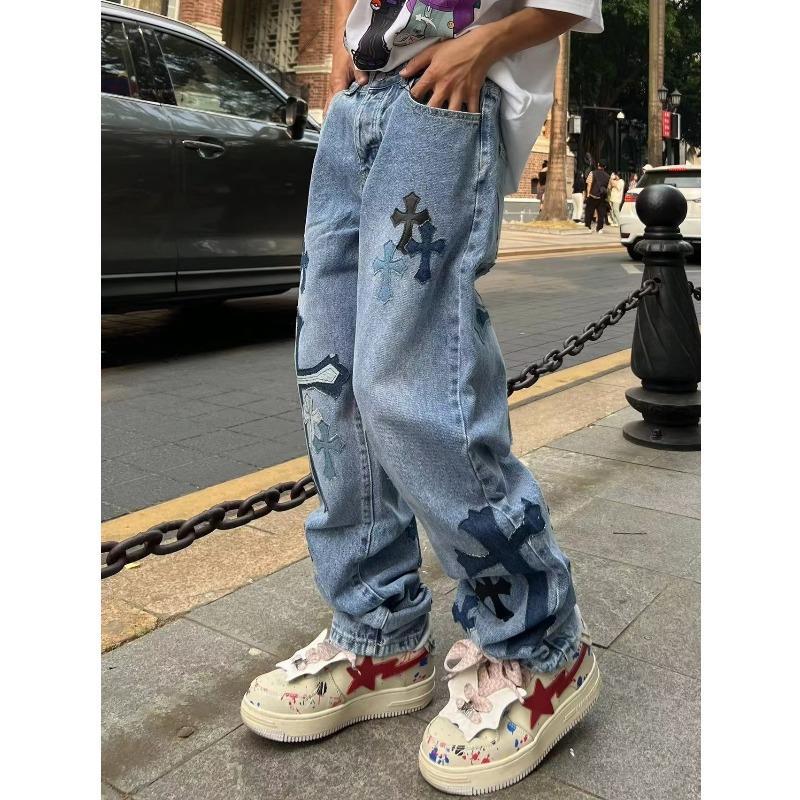 sanyamk 90s streetwear American High Street Original Patch Cross Embroidered Jeans Men's and Women's National Fashion All-Match Slim Slimming Long Pants Fashion