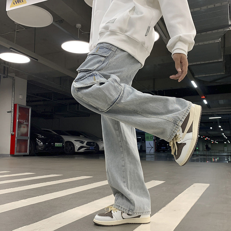 sanyamk 90s fashion men Multi-Pocket Workwear Jeans Men's Autumn and Winter Ins Street Hip Hop Casual All-Match Wide-Leg Mopping Trousers