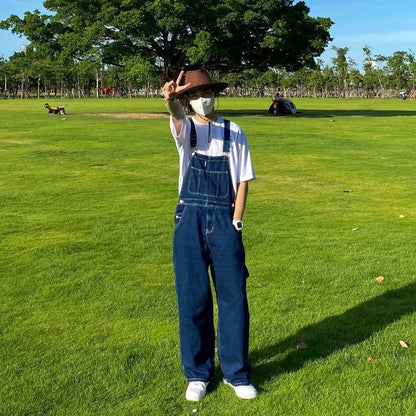 sanyamk frat outfits Cool Salt Style American Retro Design Sense Denim Suspender Pants Men's and Women's Ameikaji Straight Loose Overalls Jumpsuit