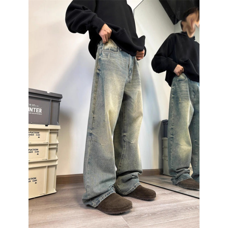 sanyamk 90s streetwear American High Street Vintage Washed Distressed Slimming Jeans Men's Loose Straight Drape Wide Leg Mop Long Pants Fashion