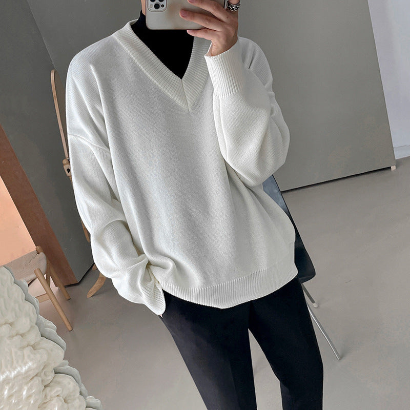 sanyamk fall outfit men Sweater Men's Autumn and Winter Korean Style Trendy Sweater Jacket Loose Lazy Style White V-neck Pullover Sweater