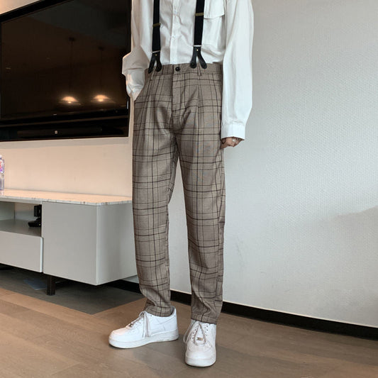 sanyamk 90s fashion men Autumn Ins Fashion Brand Straight Casual Trousers Men's Retro Workwear Suspender Pants Detachable Korean Plaid Suspender Pants