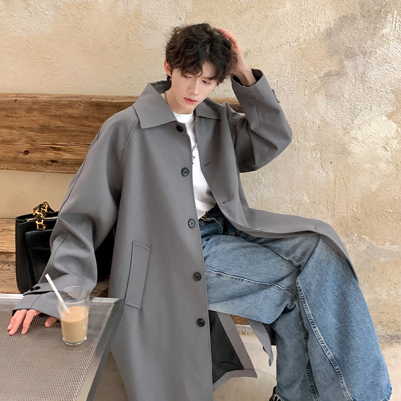 sanyamk hipster Spring and Autumn Korean Style Windbreaker Men's Handsome All-Match Mid-Length Windbreaker Hong Kong Style Trendy High-Grade Thickened Coat