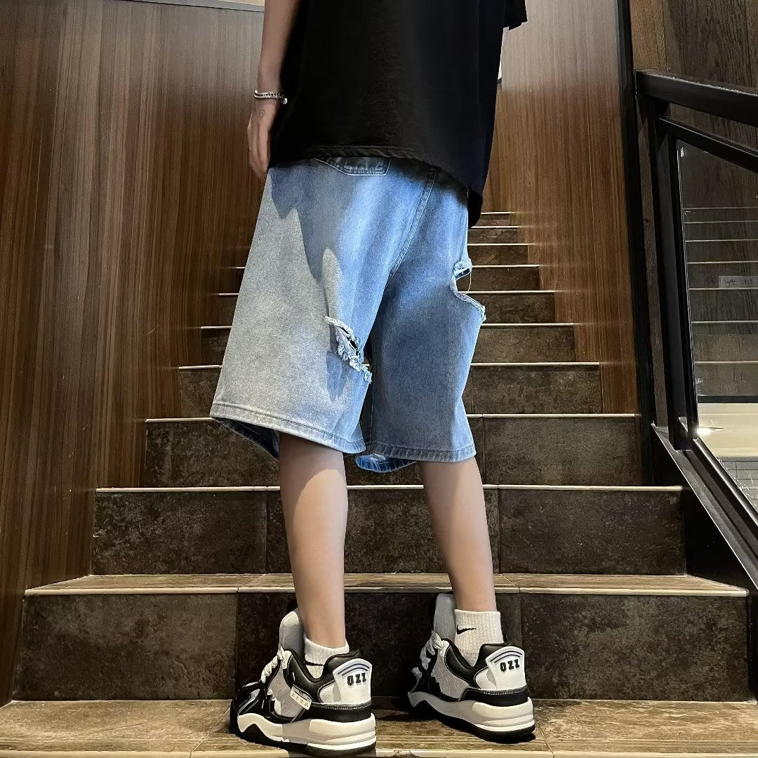 sanyamk skater boy outfits Summer Fashion Brand Thin Knee Ripped Jeans Men's American-Style Loose Straight Wide-Leg Pants Trendy Shorts