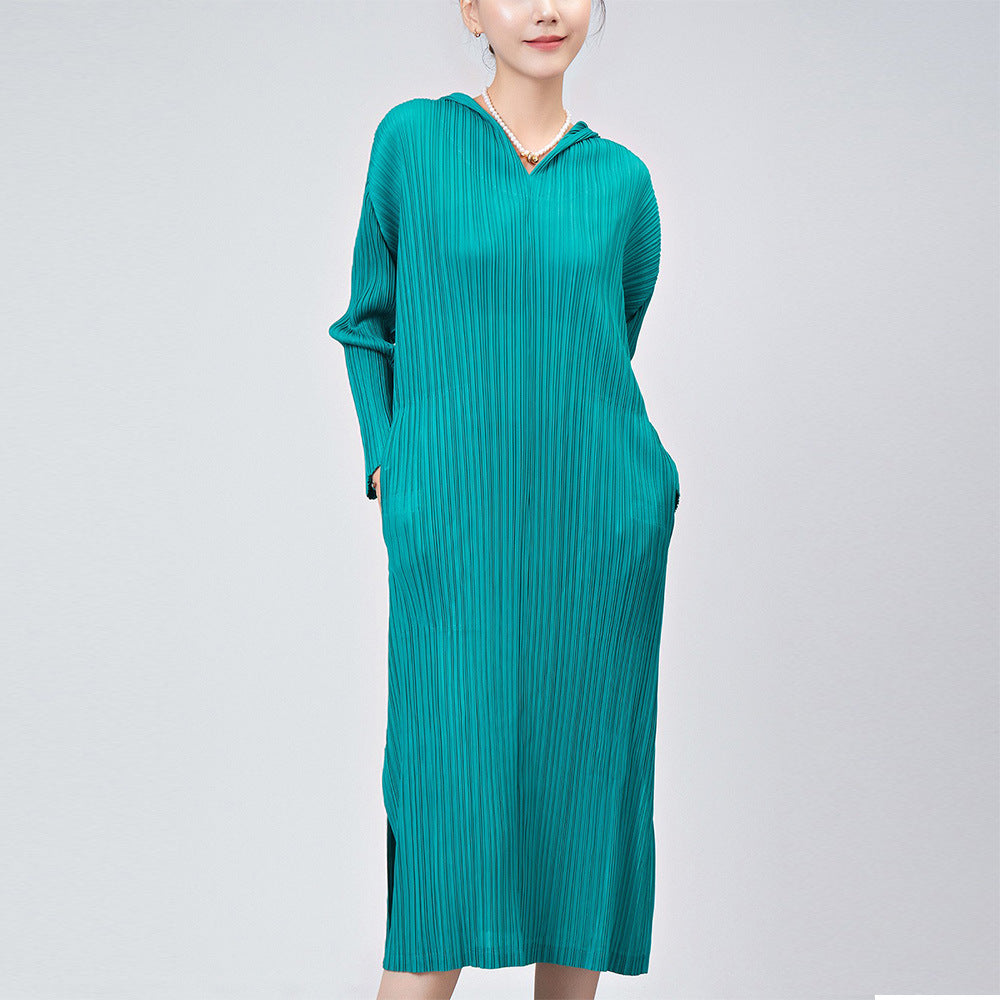 Pleated Skirt Dress Women's Summer Temperament Casual Hooded Long Sleeve Loose Large Size Split Fork Premium Medium and Long Skirt