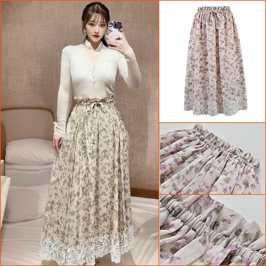 spring and summer new design floral skirt women's gentle wind temperament pleated a word medium and long skirt L1076