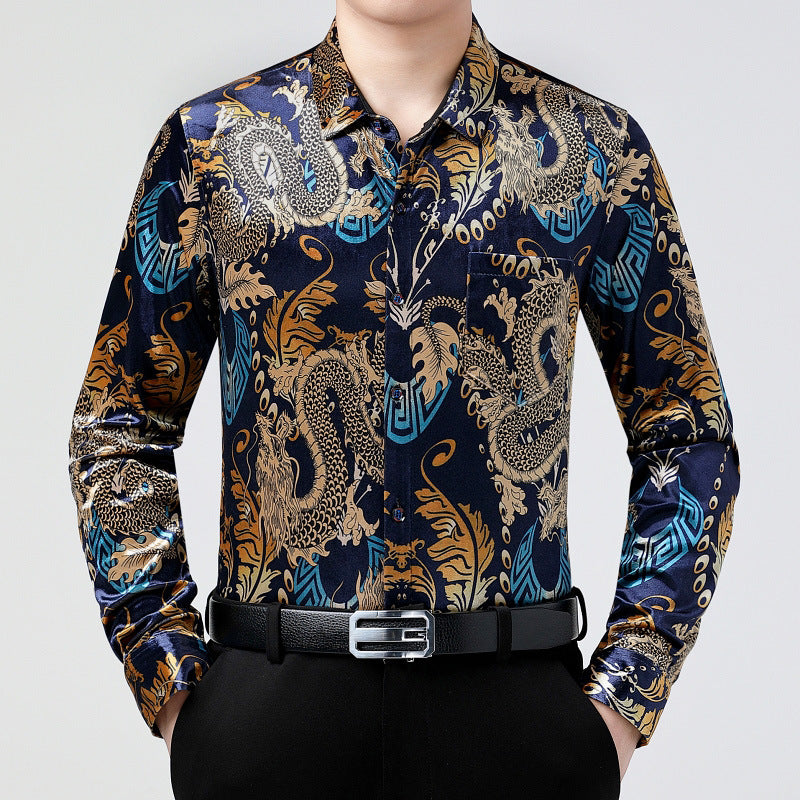 sanyamk older mens fashion Retro Dragon Pattern Long-Sleeved Shirt Men's Autumn and Winter Shirt Men's Casual Western Style Shirt Dad Wear