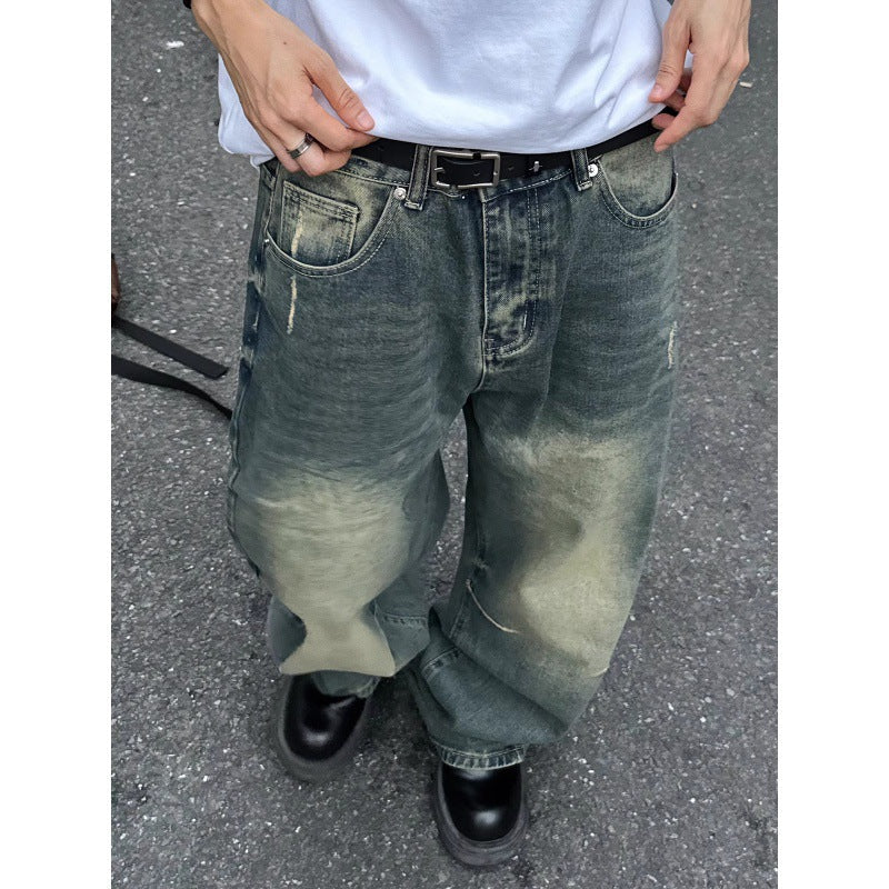 sanyamk 90s streetwear American High Street Vintage Washed Distressed Slimming Jeans Men's Loose Straight Drape Wide Leg Mop Long Pants Fashion