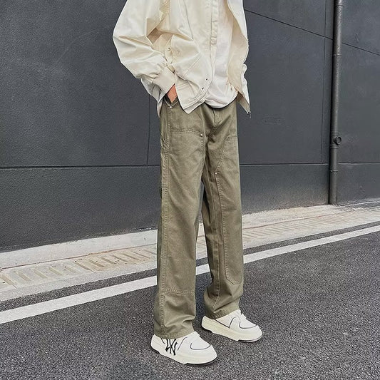 Bonsir fall outfit men Army Green Logging Pants Men's Autumn American High Street Vibe Straight Pants Loose Ruan Handsome Casual Overalls Boys