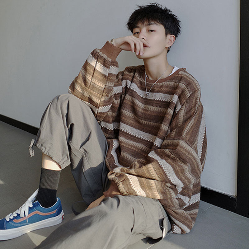 sanyamk fall outfit men Ethnic Style Retro Striped Woolen Sweater Men's Fashionable Pullover Oversize Loose Lazy Style Korean Style Men's Top