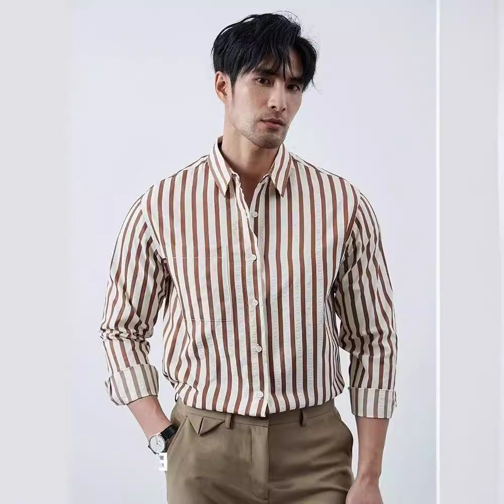 sanyamk old money outfits men Spring and Autumn Striped Long-Sleeved Shirt Trendy Men's Handsome Artistic Casual Shirt Japanese Casual Elegant Shirt Thin