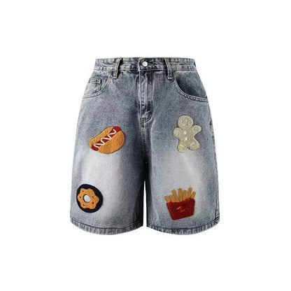 sanyamk 90s streetwear American Retro Creative French Fries Hot Dog Towel Embroidered Denim Shorts Men's and Women's High Street Straight Loose Wide-Leg Shorts