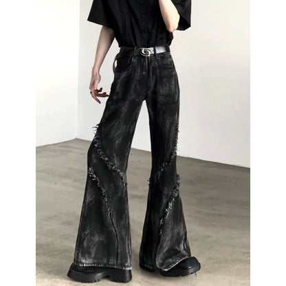sanyamk Autumn Streetwear Dark High Waist Denim Slightly Flared Pants
