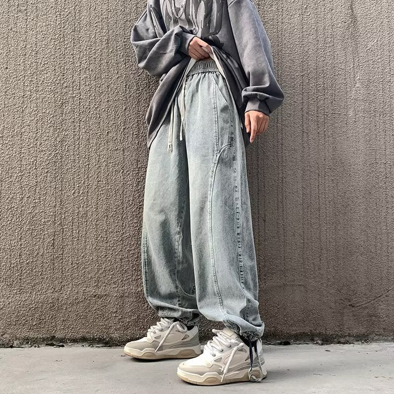 sanyamk 90s streetwear Straight Jeans Men's Spring and Autumn Japanese Men's Washed Blue Loose Wide-Leg Casual Ankle-Tied Pants Men's