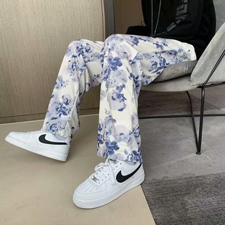 sanyamk starboy outfit Rendering White Casual Pants Men's Autumn Thin Floral Hip Hop Trousers Hip Hop Couple Loose Straight Wide Leg Pants