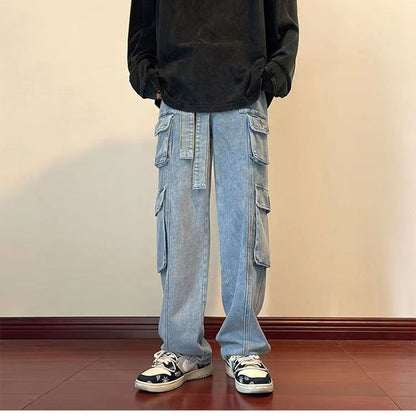 sanyamk streetwear men outfits Hong Kong Style Functional Multi-Pocket Overalls Men's American Casual Ins High Street Spring and Autumn Boys Wide Leg Denim