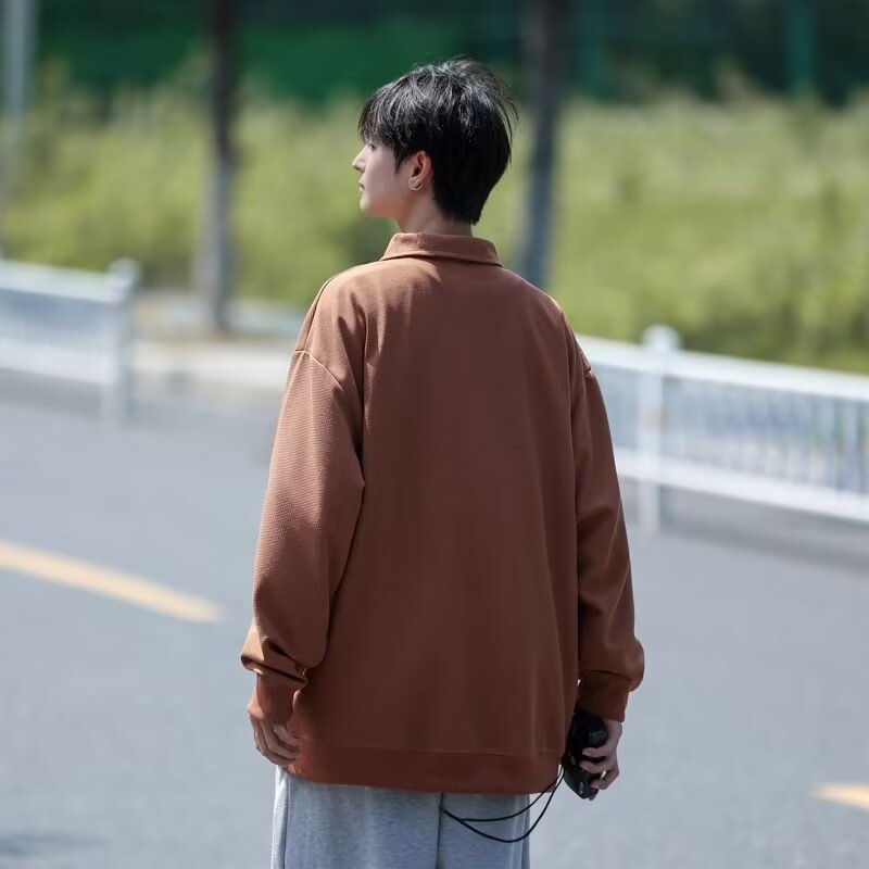 sanyamk fall outfits 2024 Waffle Embroidered Sweater Men's Spring and Autumn Fashion Brand Loose Pullover Oversize American Casual Bottoming Shirt