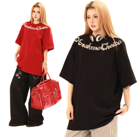2025 3633 2025n street neutral retro bead niche design men's loose high-end heavy short-sleeved T-shirt