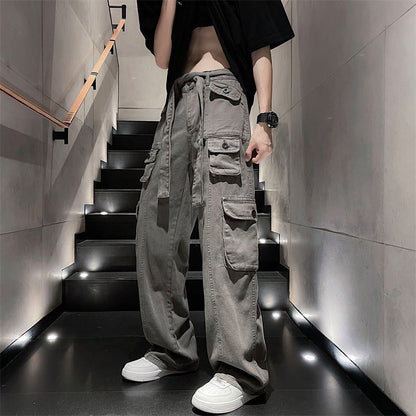 Bonsir boy outfits American Ins High Street Multi-Pocket Overalls Men's Loose Straight Casual Pants Autumn Drape Wide Leg Pants