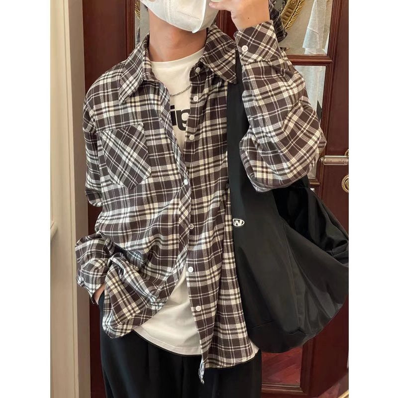 sanyamk 90s streetwear Spring and Autumn Japanese Style Black and White Plaid Long-Sleeved Shirt Men's Niche Retro Hong Kong Style Loose Shirt All-Matching Coat