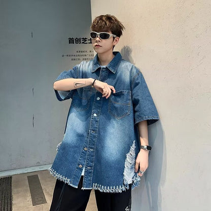 sanyamk skater boy outfits Denim Short Sleeve Shirt Men's Summer Thin Shirt Five-Point Shirt Loose plus Size Half Sleeve Japanese Retro Top