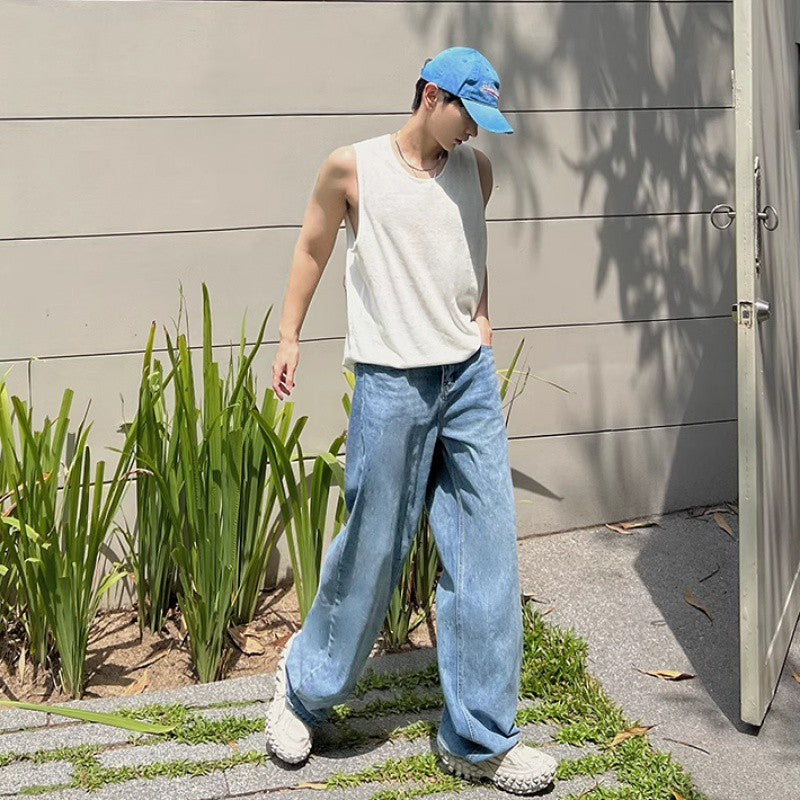 sanyamk fall mens outfits Light Blue Jeans Men's Simple American Retro Loose Wide-Leg Straight Mop Pants High Street Pants