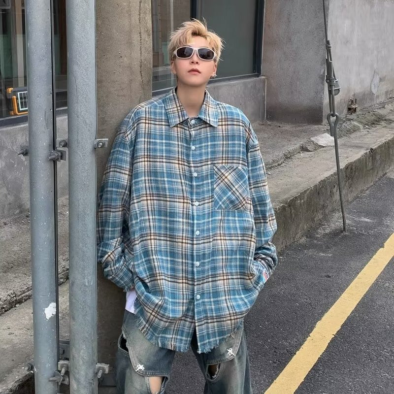 sanyamk guys fits Japanese Retro Plaid Long-Sleeved Shirt Men's Spring and Autumn Loose Shirt Sunny Clean Boys Wear Fashionable Coat