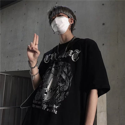 sanyamk 90s streetwear INS Dark Street Hip Hop Personality All-Match Loose round Neck Short Sleeve T-shirt Dark