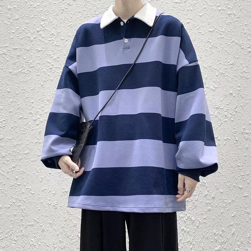 sanyamk rugby shirt outfit Spring and Autumn New Versatile Casual Hong Kong Style Striped Loose Sweater Korean Style Trendy Lapel Polo Shirt Bottoming Shirt